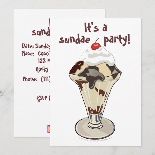 Ice Cream Sundae Party Invitations (Hot Fudge) Kaart (Voorkant / Achterkant)