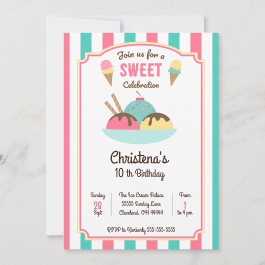 Ice Cream Sundae Sociale Verjaardagsfeestuitnodigi Kaart (Voorkant)