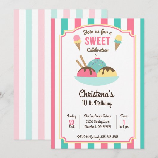 Ice Cream Sundae Sociale Verjaardagsfeestuitnodigi Kaart (Voorkant / Achterkant)
