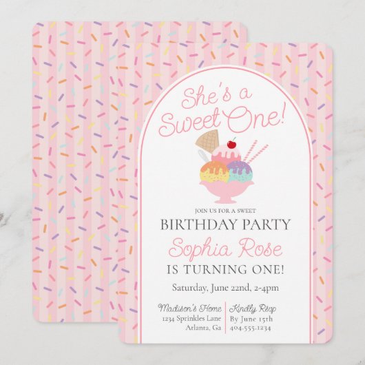 Ice Cream Sundae Sweet One Eerste Verjaardagsfeest Kaart (Voorkant / Achterkant)