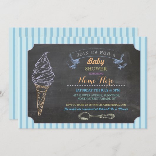 Ice Cream Sweet Baby shower Chalk Stripe Uitnodige Kaart (Voorkant / Achterkant)