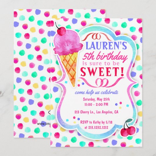 Ice Cream Sweet behandelt de uitnodiging van de Bi (Voorkant / Achterkant)