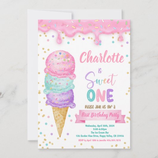 Ice Cream Sweet Een 1e Verjaardagsfeestje Roze Min Kaart (Voorkant)