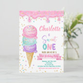 Ice Cream Sweet Een 1e Verjaardagsfeestje Roze Min Kaart (Staand voorkant)