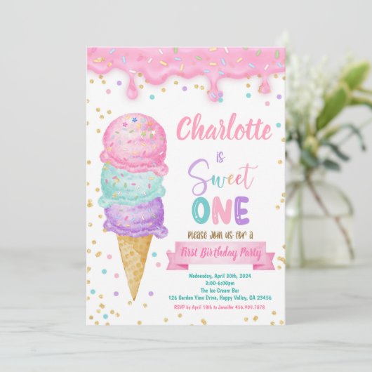 Ice Cream Sweet Een 1e Verjaardagsfeestje Roze Min Kaart (Staand voorkant)