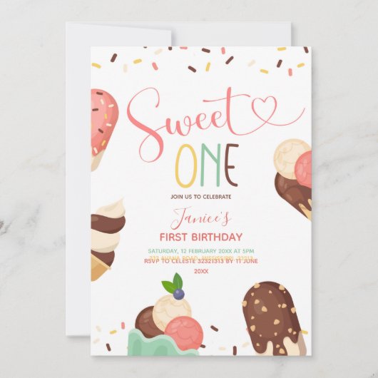 Ice Cream Sweet One First Birthday Uitnodiging (Voorkant)