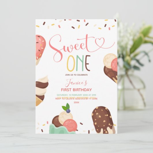Ice Cream Sweet One First Birthday Uitnodiging (Staand voorkant)