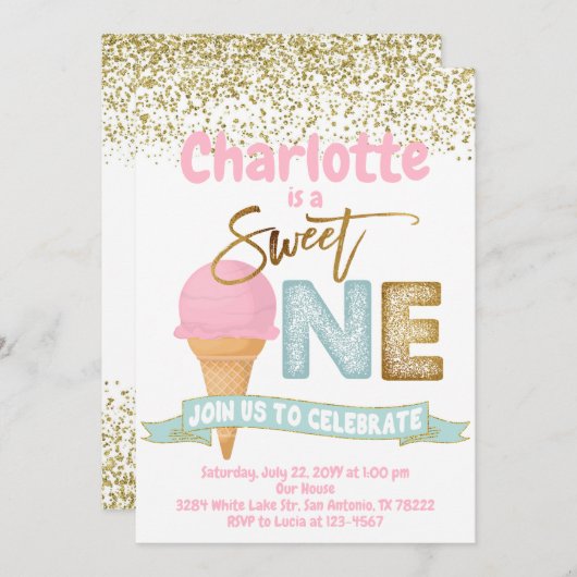Ice Cream Sweet One Gold Sprinkles 1e verjaardag Kaart (Voorkant / Achterkant)