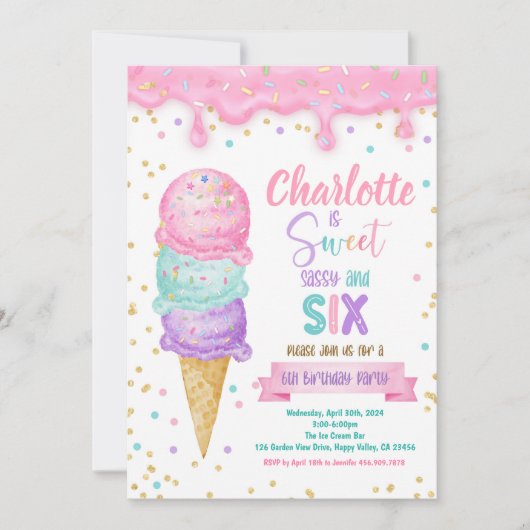 Ice Cream Sweet Sassy en Zes 6e Verjaardagsfeestje Kaart (Voorkant)