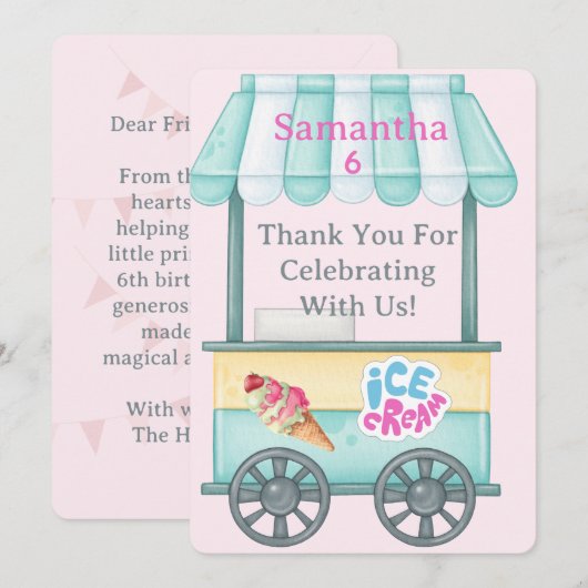 Ice Cream Thank You Card, Samantha Birthday Thank  Bedankkaart (Voorkant / Achterkant)