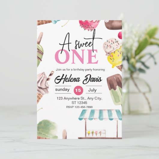 Ice Cream Thema 1e Verjaardag uitnodiging (Staand voorkant)