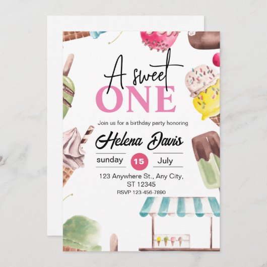 Ice Cream Thema 1e Verjaardag uitnodiging (Voorkant / Achterkant)