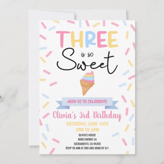 Ice Cream Three is lief 3e verjaardagsfeest Kaart (Voorkant)