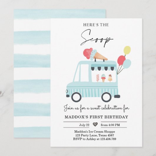 Ice Cream Truck, 1e verjaardag nodigt Jongen Scoop Kaart (Voorkant / Achterkant)