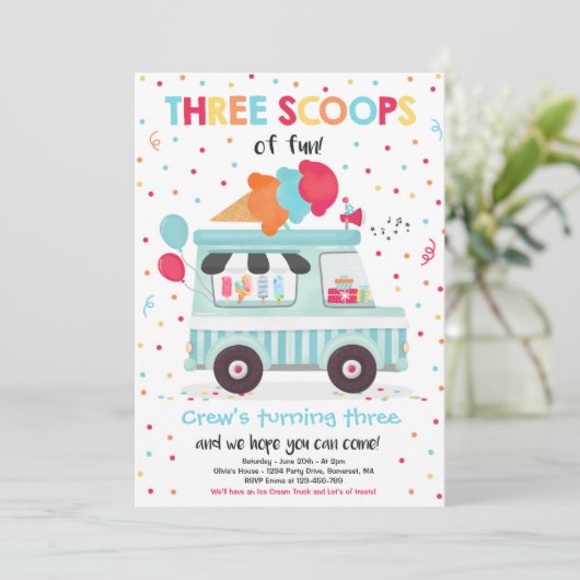 Ice Cream Truck 3 Scoops of Fun 3rd Birthday Kaart (Staand voorkant)