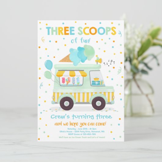 Ice Cream Truck 3 Scoops of Fun 3rd Birthday Kaart (Staand voorkant)
