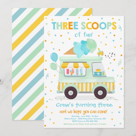 Ice Cream Truck 3 Scoops of Fun 3rd Birthday Kaart (Voorkant / Achterkant)