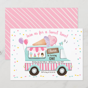 Ice Cream Truck Birthday Invitation Girl Pink Kaart
