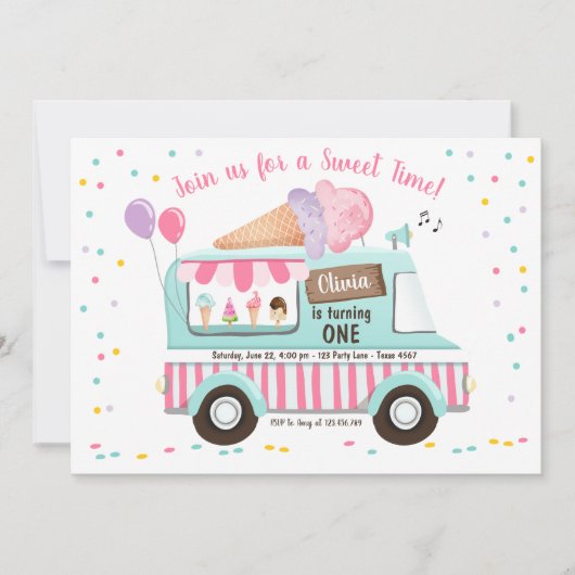 Ice Cream Truck Birthday Invitation Girl Pink Kaart (Voorkant)