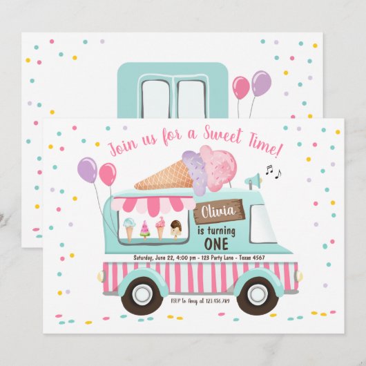 Ice Cream Truck Birthday Invitation Girl Pink Kaart (Voorkant / Achterkant)