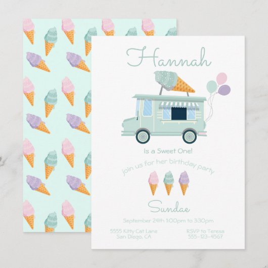 Ice Cream Truck Birthday Party Invitation Kaart (Voorkant / Achterkant)