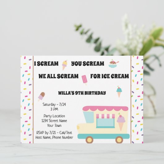 Ice Cream Truck Birthday Uitnodiging (Staand voorkant)
