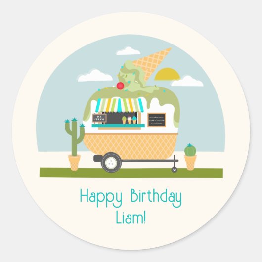 Ice Cream Truck Camper Boys Birthday Ronde Sticker (Voorkant)