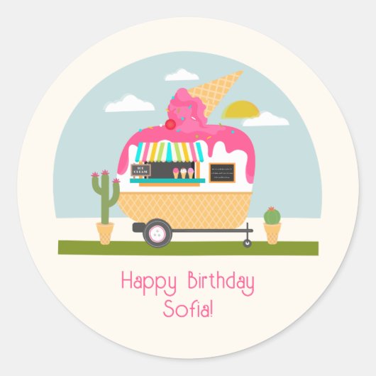 Ice Cream Truck Camper Girls Pink Birthday Ronde Sticker (Voorkant)