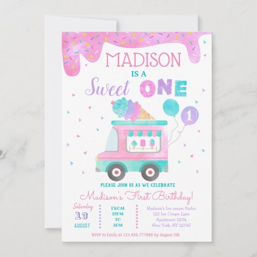 Ice Cream Truck First 1st Birthday Invitations Kaart (Voorkant)