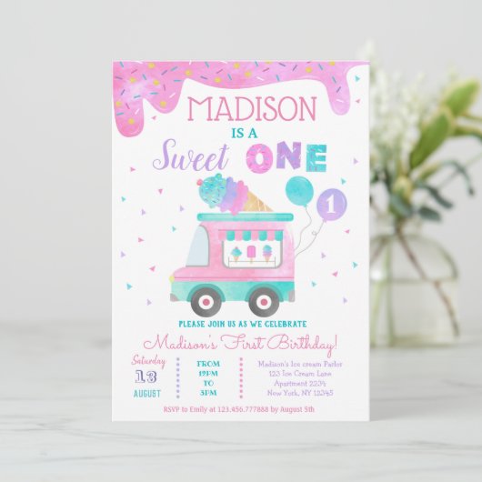 Ice Cream Truck First 1st Birthday Invitations Kaart (Staand voorkant)