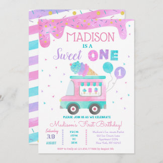 Ice Cream Truck First 1st Birthday Invitations Kaart