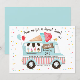 Ice Cream Truck First Birthday Invitation Boy Girl Kaart
