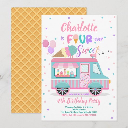 Ice Cream Truck Fourever Lief 4e Verjaardagsfeest Kaart (Voorkant / Achterkant)