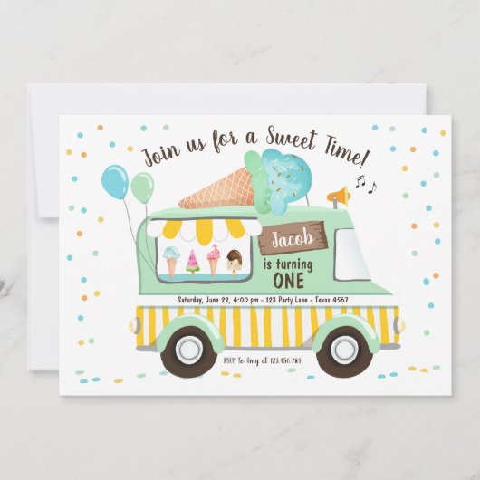 Ice Cream Truck Mint Blue Boy Eerste Verjaardag Kaart (Voorkant)