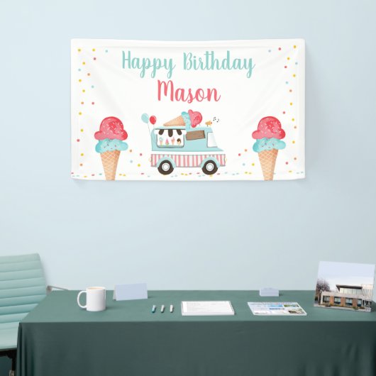 Ice Cream Truck Red Blue Boy Verjaardag Achtergron Spandoek (Beurs)