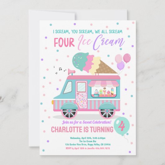 Ice Cream Truck Schreeuw Vier Ice Cream 4e Verjaar Kaart (Voorkant)