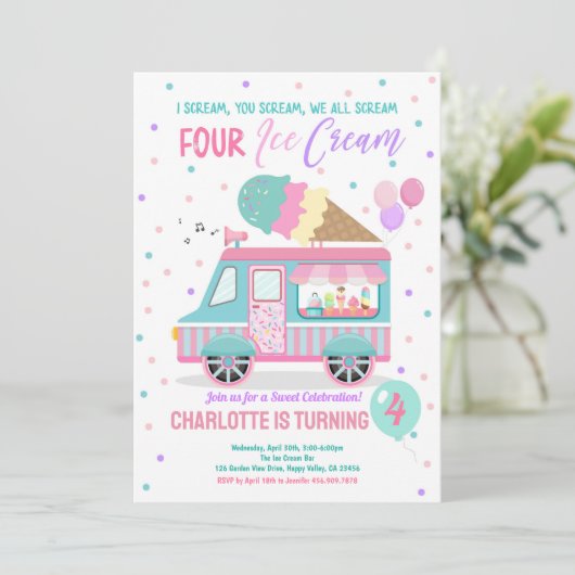 Ice Cream Truck Schreeuw Vier Ice Cream 4e Verjaar Kaart (Staand voorkant)