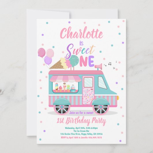 Ice Cream Truck Sweet Een 1e Verjaardagsfeest Kaart (Voorkant)