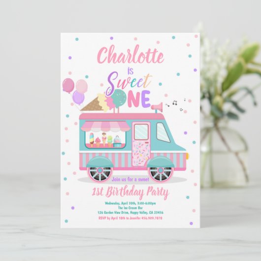 Ice Cream Truck Sweet Een 1e Verjaardagsfeest Kaart (Staand voorkant)
