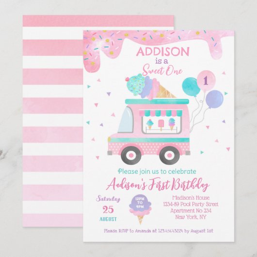 Ice Cream truck Sweet One 1st Birthday Uitnodiging (Voorkant / Achterkant)