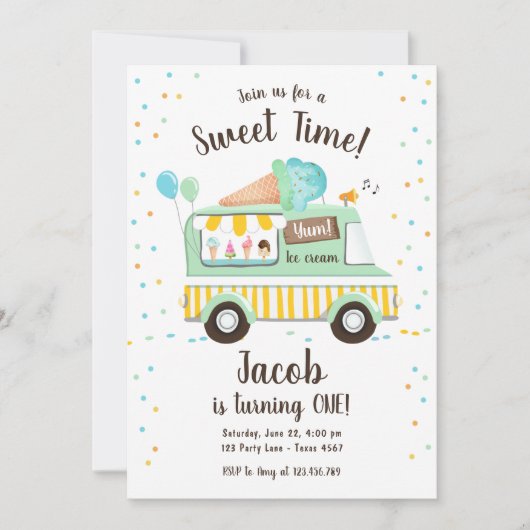 Ice Cream Truck Sweet Time Boy Mint Blue Birthday Kaart (Voorkant)