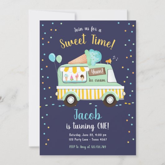 Ice Cream Truck Sweet Time Boy Mint Blue Birthday Kaart (Voorkant)