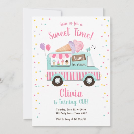Ice Cream Truck Sweet Time Pink Girl Birthday Kaart (Voorkant)