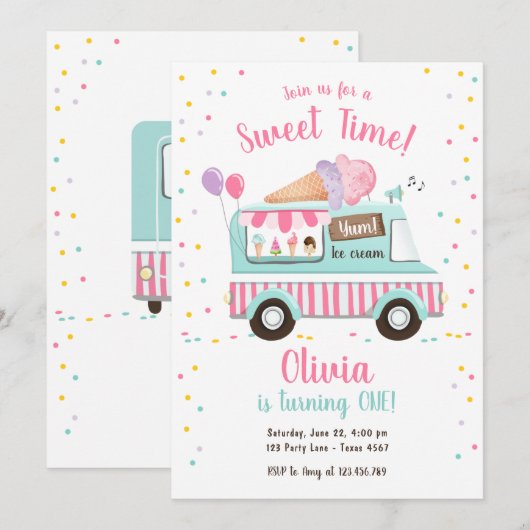 Ice Cream Truck Sweet Time Pink Girl Birthday Kaart (Voorkant / Achterkant)