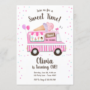 Ice Cream Truck Sweet Time Pink Girl Birthday Kaart