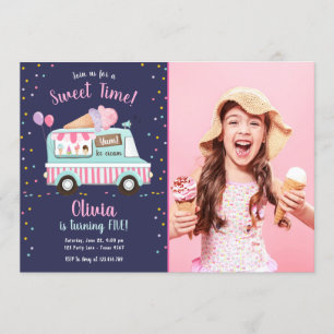 Ice Cream Truck Sweet Time Pink Girl Verjaardag Kaart