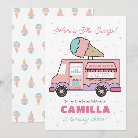 Ice Cream Truck Verjaardagsfeest uitnodiging (Voorkant / Achterkant)