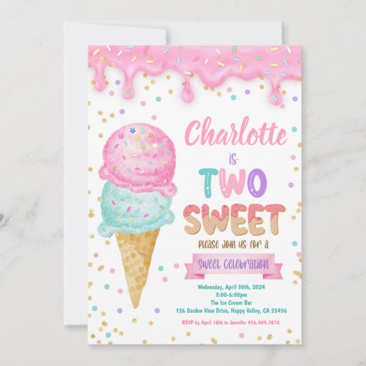 Ice Cream Twee Lief 2e Verjaardagsfeestje Roze Min Kaart (Voorkant)