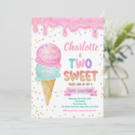 Ice Cream Twee Lief 2e Verjaardagsfeestje Roze Min Kaart (Staand voorkant)