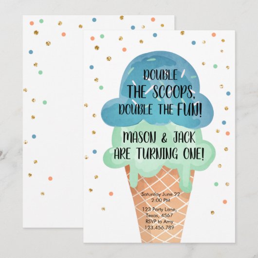 Ice Cream Twin Birthday Blue Mint Cone Confetti Kaart (Voorkant / Achterkant)